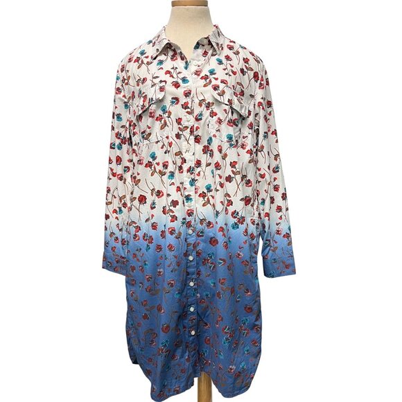 Lands End Dresses & Skirts - LARGE 14 16 Lands End Womens Ombre Blue Dyed Floral Shirt Dress Shirtdress